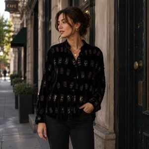 Vintage Tan Jay Black Velvet XL Jacket Colorful Frayed Applique Mock Neck